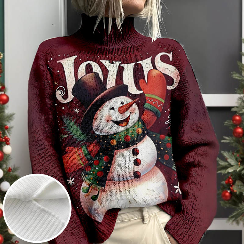 Women's Joy Us Funny Christmas Snowman Print Turtleneck Pullover Sweater - Wine - 4XL - image 1