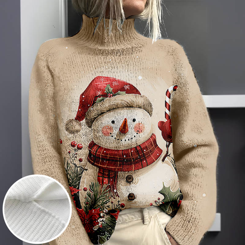 Women's Lovely Winter Christmas Snowman Print Turtleneck Pullover Sweater - Apricot - 4XL - image 1