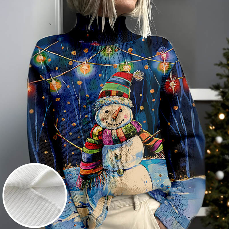 Women's Christmas Snowman With Bulb Lighting Print Turtleneck Pullover Sweater - Multicolor - 4XL - image 1