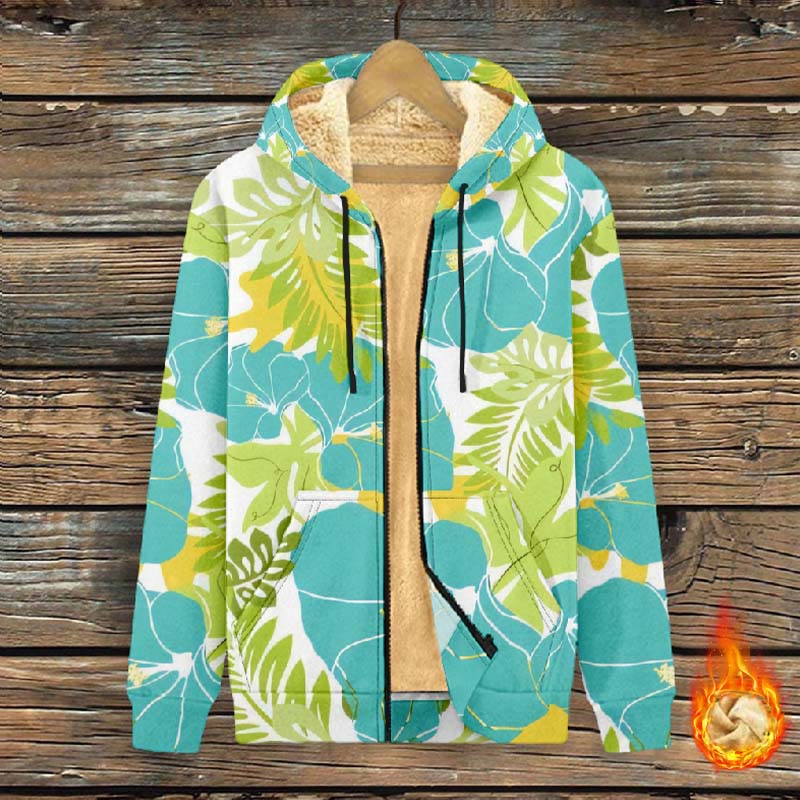 Women's Lovely Flower ＆ Green Leaf Art Print Fleece Jacket - Green - 4XL - image 1