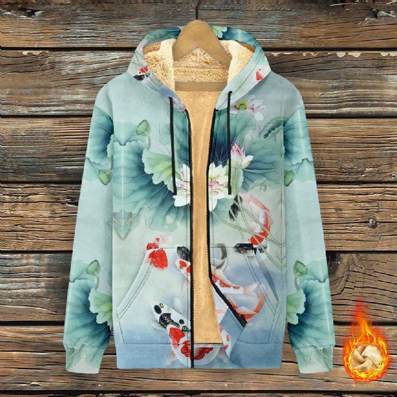 Women's Cute Goldfish And Lotus Blossom Art Print Fleece Jacket - Green - 4XL - image 1