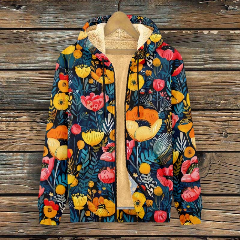 Women's Retro Red And Yellow Floral Art Print Fleece Jacket - image 2