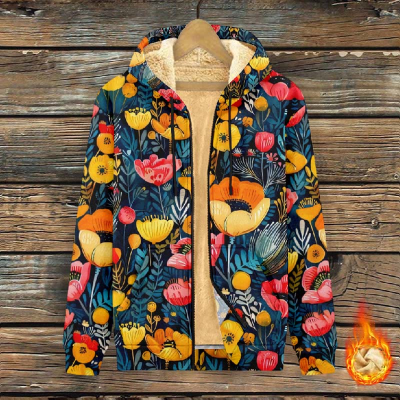 Women's Retro Red And Yellow Floral Art Print Fleece Jacket - Multicolor - 4XL - image 1
