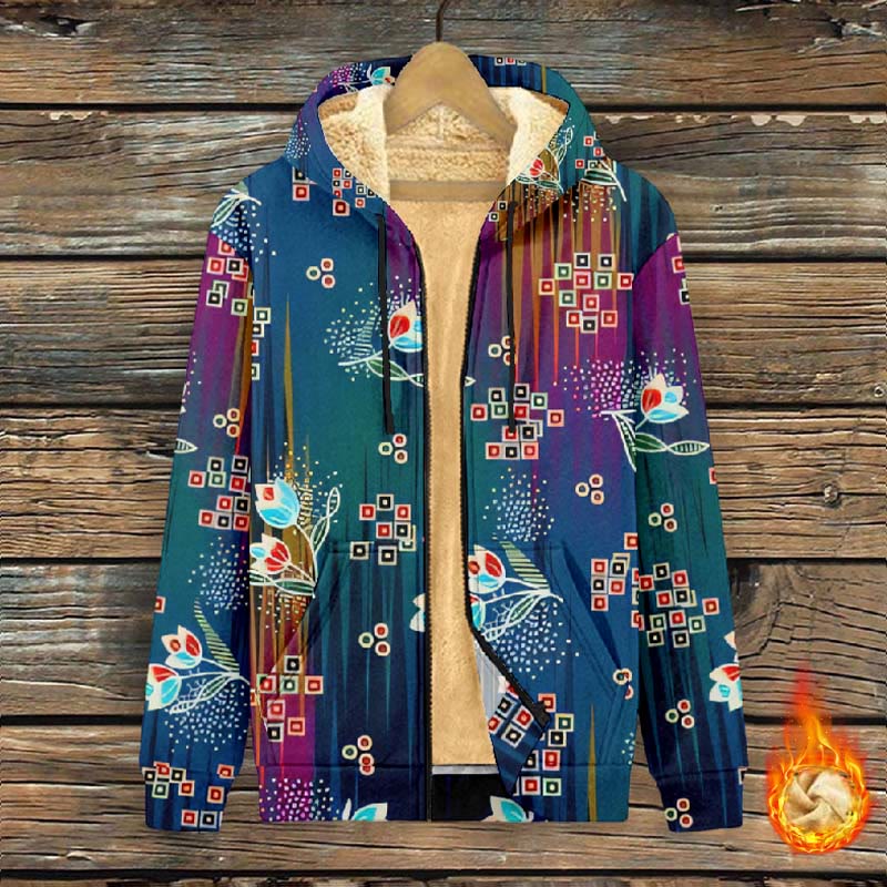 Women's Retro Geometic Grid Floral Pattern Print Fleece Jacket - Multicolor - 4XL - image 1