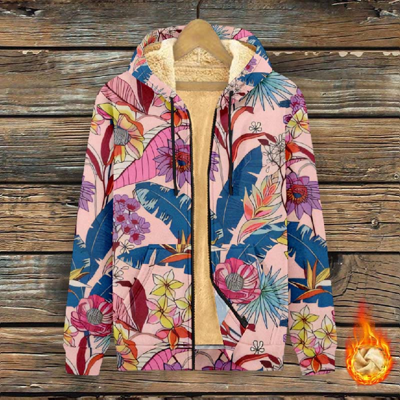 Women's Watercolor Multiple Flowers Art Print Fleece Jacket - Multicolor - 4XL - image 1