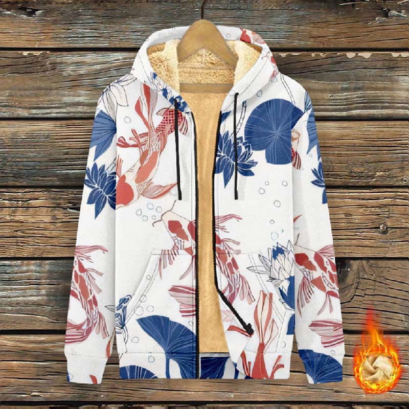 Women's Lovely Vivid Goldfish ＆ Lotus Art Print Fleece Jacket - Multicolor - 4XL - image 1