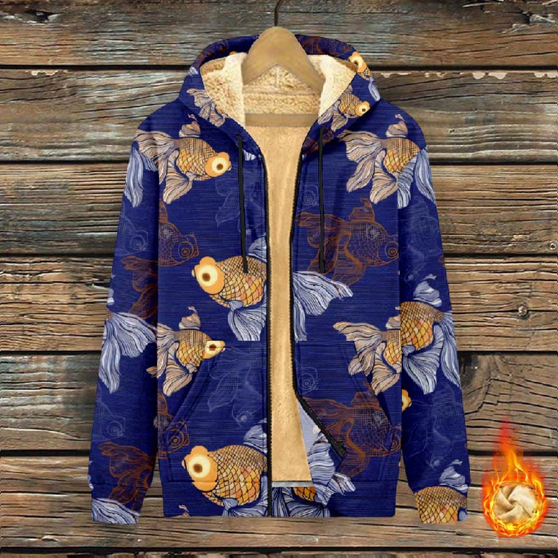 Women's Vintage Cute Goldfish Pattern Print Fleece Jacket - Dark Blue - 4XL - image 1