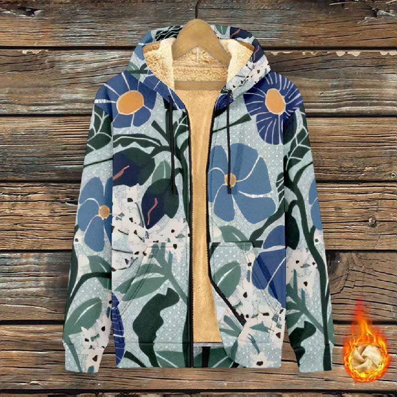 Women's Retro Abstract Cartoon Floral Art Print Fleece Jacket - Green - 4XL - image 1