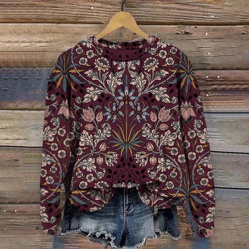 Vintage Ethnic Floral Symmetric Art Print Casual Crewneck Sweatshirt - Wine - 5XL - image 1