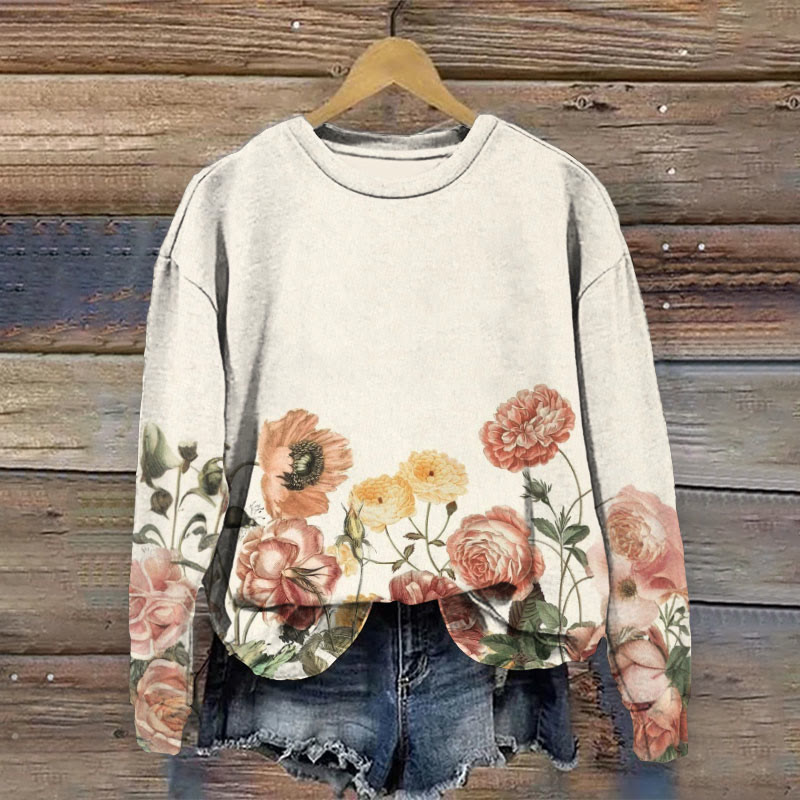 Artistic Retro Floral Art Print Casual Crewneck Sweatshirt - White - 5XL - image 1