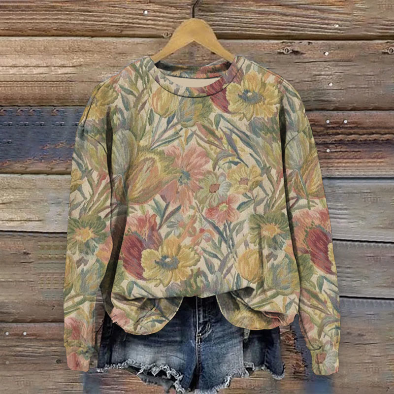 Literary Retro Flower Art Print Casual Crewneck Sweatshirt - Multicolor - 5XL - image 1