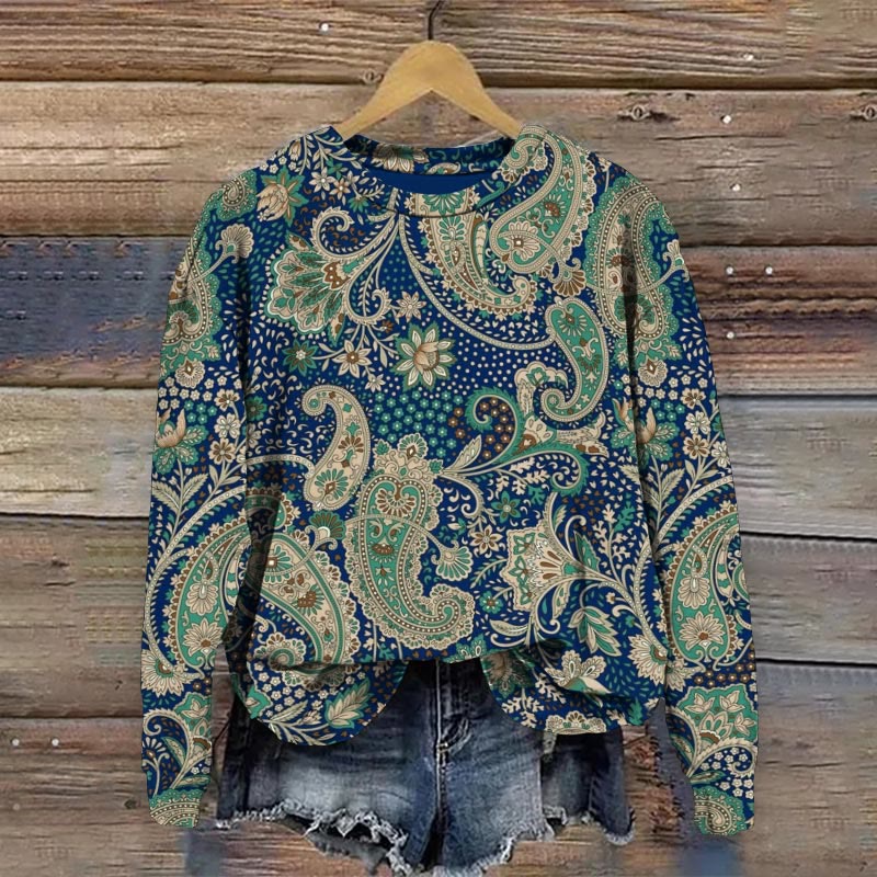 Artistic Retro Paisley Floral Art Print Casual Crewneck Sweatshirt - Blue - 5XL - image 1