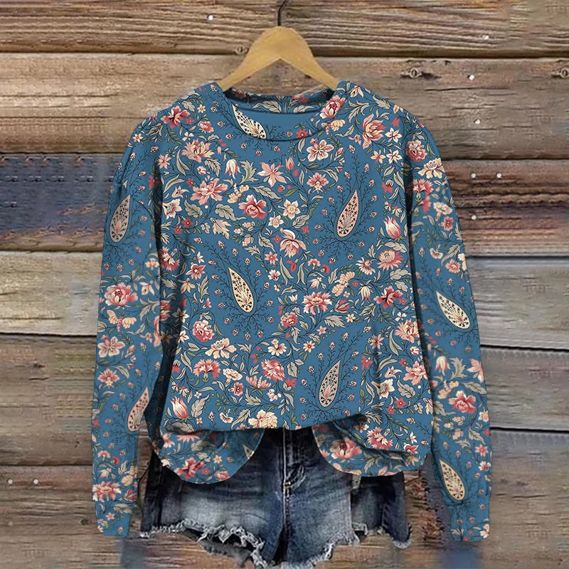 Vintage Ethnic Paisley Floral Art Print Casual Crewneck Sweatshirt - Blue - 5XL - image 1