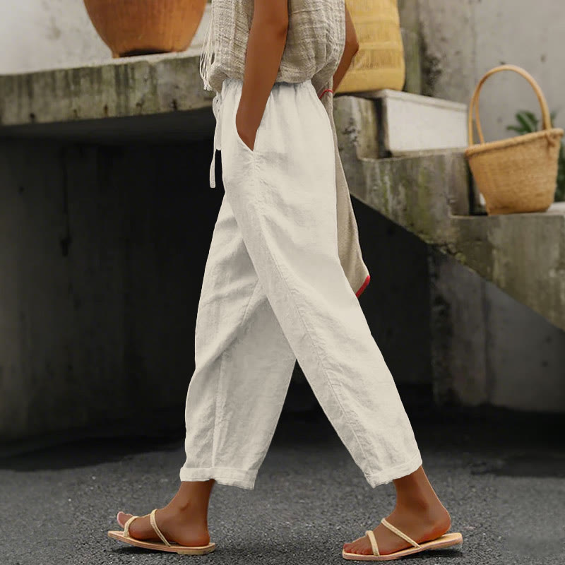 Women's Solid Color Casual Pocket Pants  - Beige - 5XL - image 1