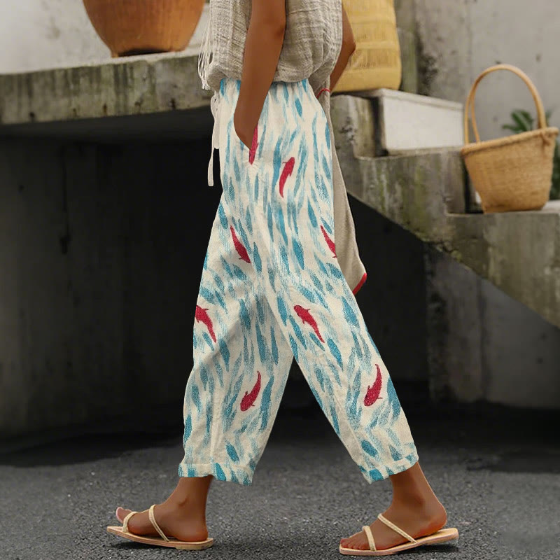 Women's Vintage Japanese Fish Art Print Casual Pocket Pants  - Light Blue - 5XL - image 1