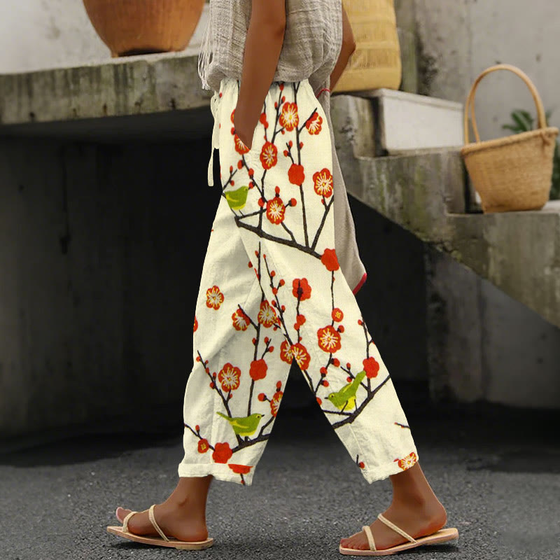 Retro Japanese Style Plum Blossom And Bird Print Casual Pocket Pants  - Red - 5XL - image 1