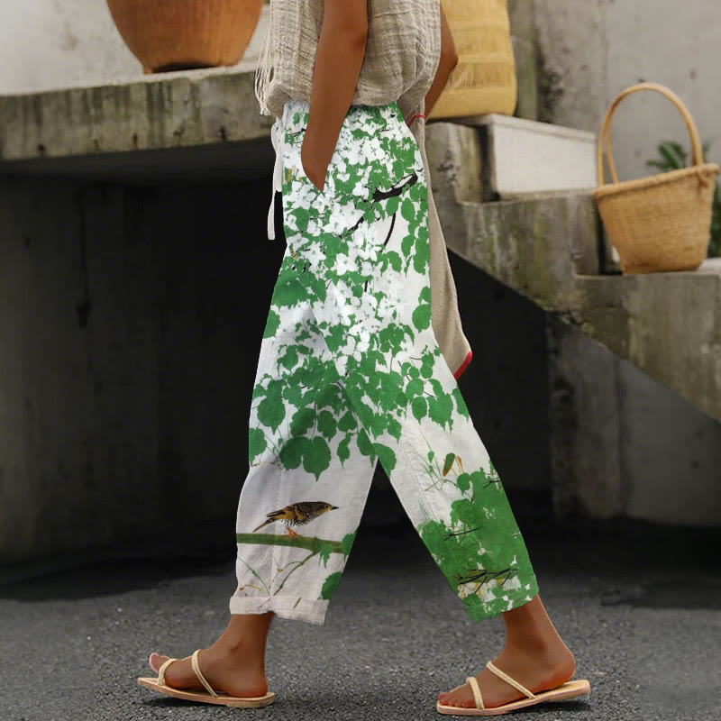 Flowers And Birds Japanese Art Print Casual Pocket Pants  - Green - 5XL - image 1