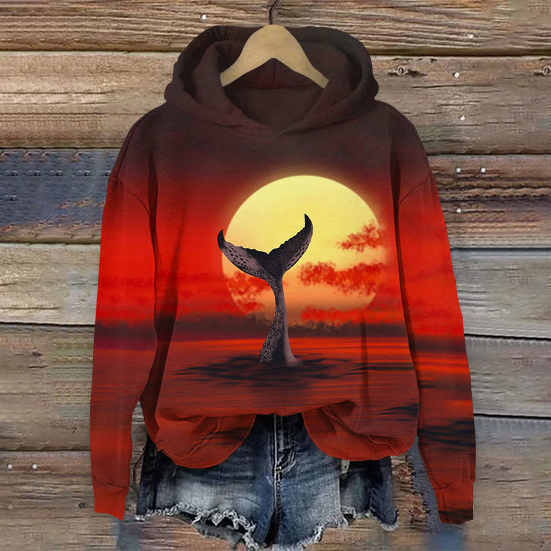 Sunset Whale Tail Art Print Long Sleeve Hoodie - Red - 8XL - image 1
