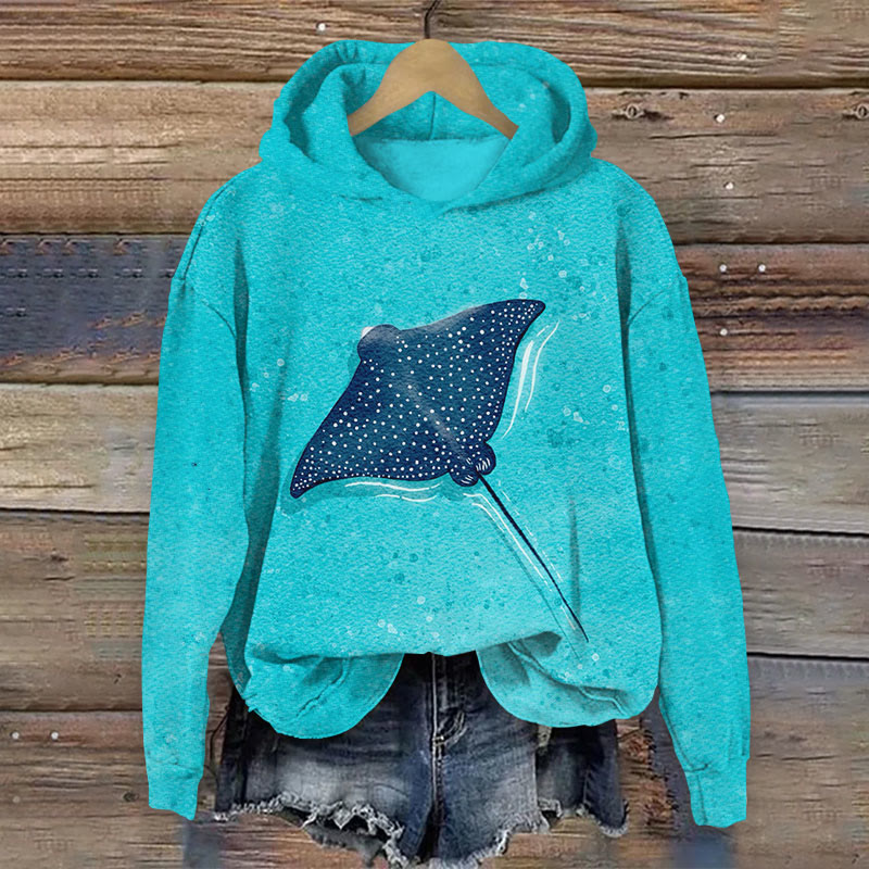 Cute Manta Ray Art Print Long Sleeve Hoodie - Blue - 8XL - image 1