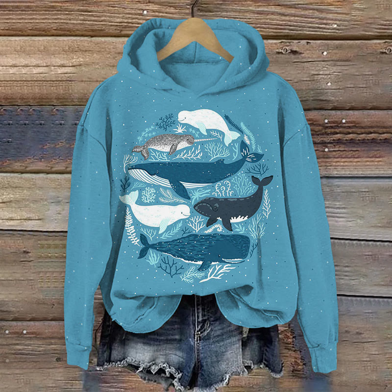Cute Sea Lion And Whale Print Long Sleeve Hoodie - Blue - 8XL - image 1