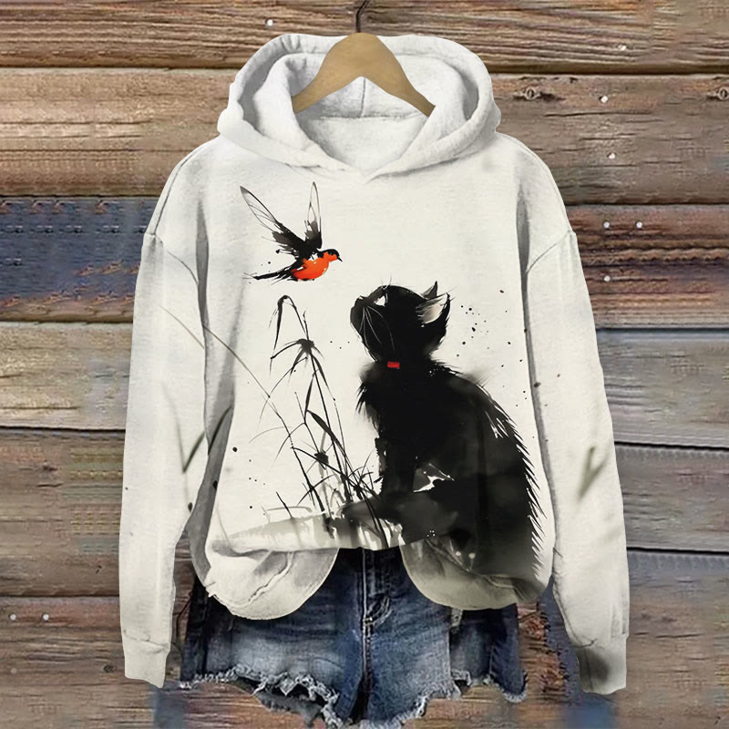 Vintage Black Cat And Bird Art Print Long Sleeve Hoodie - Beige - 8XL - image 1