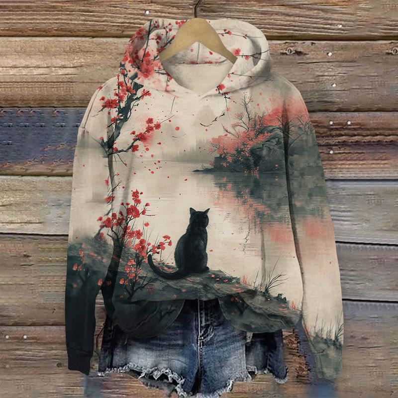 Vintage Plum Blossom Black Cat Landscape Art Print Long Sleeve Hoodie - Khaki - 8XL - image 1