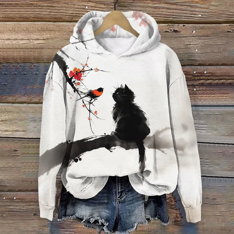 Retro Plum Blossom Black Cat Ink Painting Art Print Long Sleeve Hoodie - White - 8XL - image 1