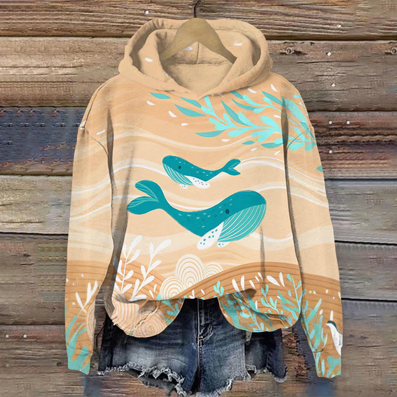 Cute Whale Art Print Long Sleeve Hoodie - Apricot - 8XL - image 1