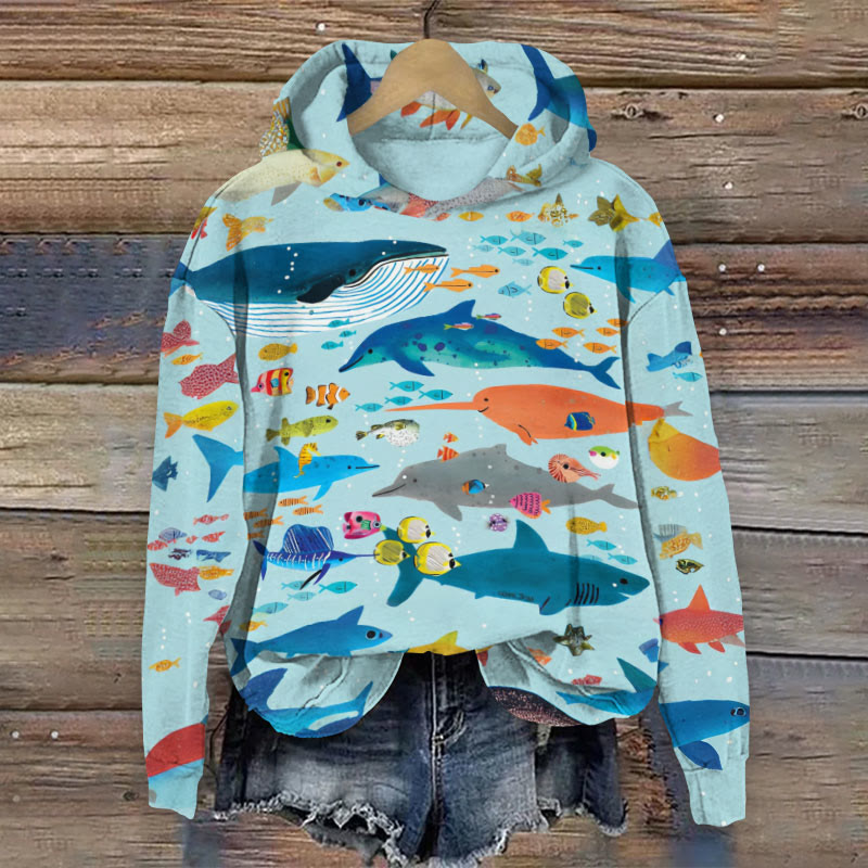 Cute Sea Life Friends Art Print Long Sleeve Hoodie - Blue - 8XL - image 1