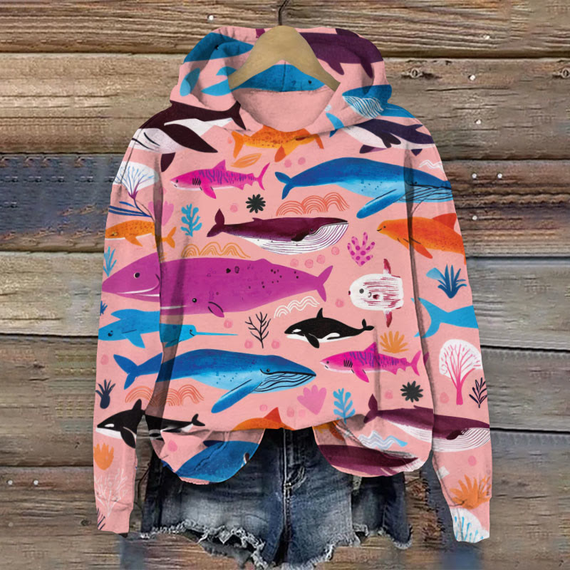Cute Multi-colored Shark Art Print Long Sleeve Hoodie - Pink - 8XL - image 1