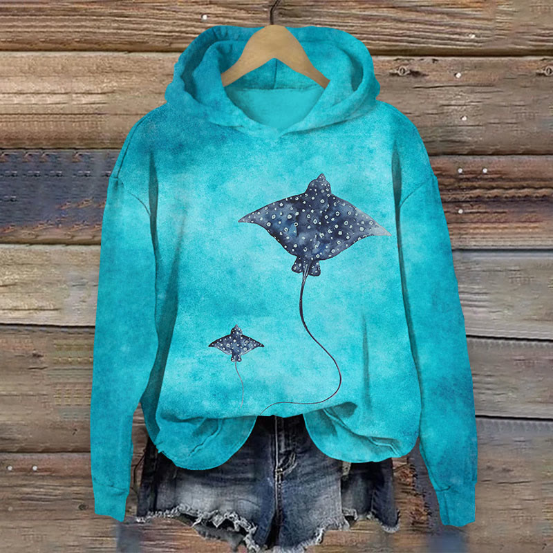 Watercolor Sfumato Manta Ray Family Art Print Long Sleeve Hoodie - Blue - 8XL - image 1