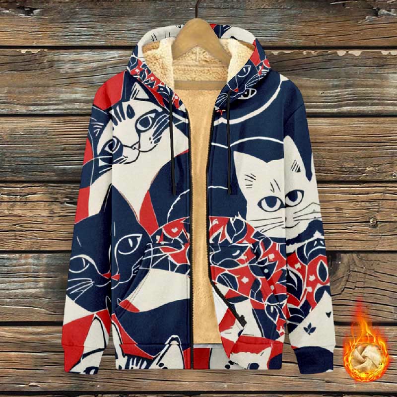 Women's Japanese Funny Kimono Cat Art Print Fleece Jacket - Multicolor - 4XL - image 1
