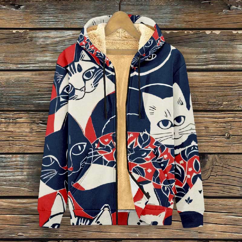 Women's Japanese Funny Kimono Cat Art Print Fleece Jacket - image 2