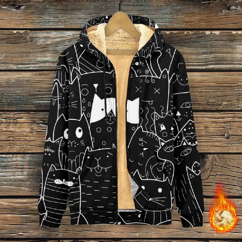 Women's Funny Abstract Cartoon Cat Face Print Fleece Jacket - Black - 4XL - image 1