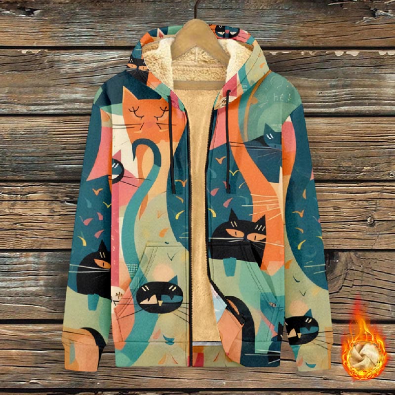 Women's Colorful Abstract Cats Patchwork Art Print Fleece Jacket - Multicolor - 4XL - image 1