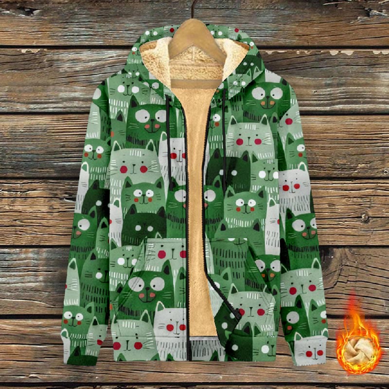 Women's Lovely Stacked Cartoon Cats Print Fleece Jacket - Green - 4XL - image 1