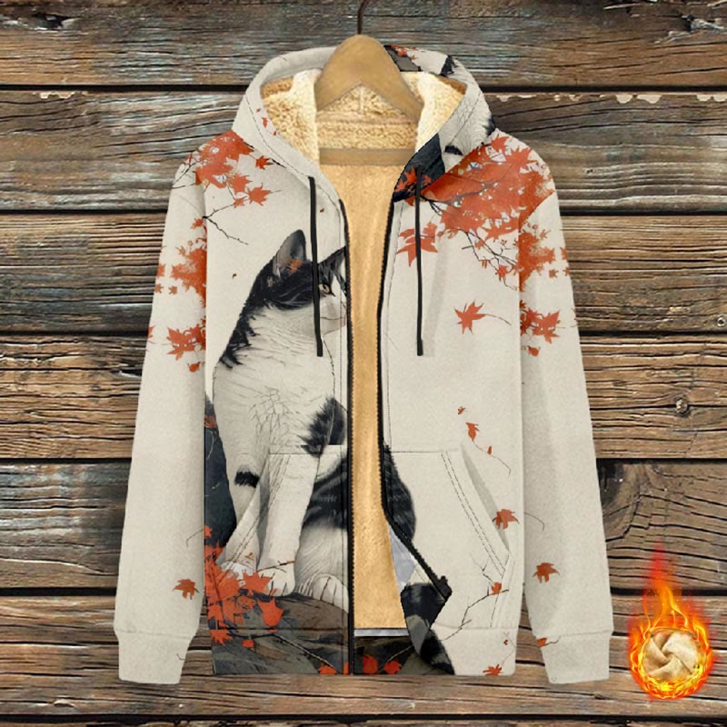 Women's Japanese Elegant Cat ＆ Maple Leaf Print Fleece Jacket - Apricot - 4XL - image 1