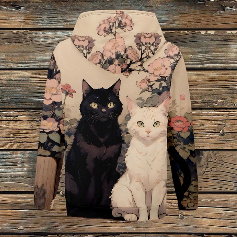 Women's Japanese Sakura Blossom Black ＆ White Cat Print Fleece Jacket - Multicolor - 4XL - image 1
