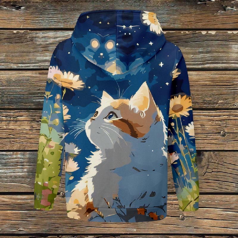 Women's Cute Comics Cat Surrounded By Sunflower Print Fleece Jacket - Blue - 4XL - image 1