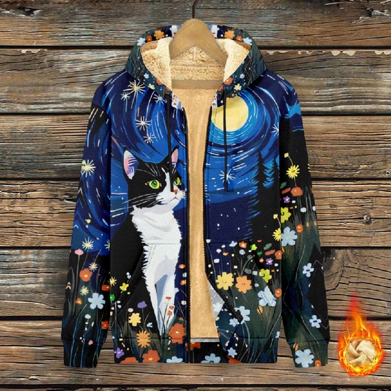 Women's Oil Painting Moon Night Cat With Flowers Print Fleece Jacket - Multicolor - 4XL - image 1