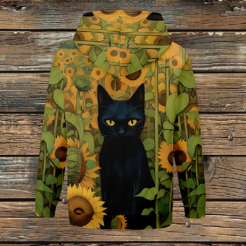 Women's Retro Sunflower With Black Cat Art Print Fleece Jacket - Multicolor - 4XL - image 1
