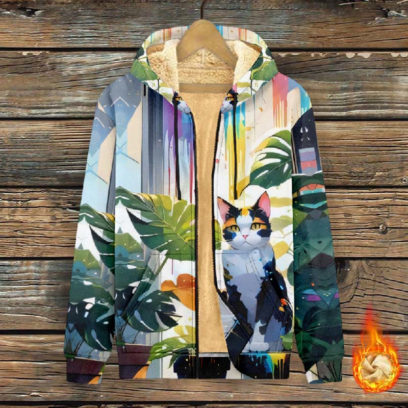 Women's Oil Painting Cartoon Cat With Plants Print Fleece Jacket - Multicolor - 4XL - image 1