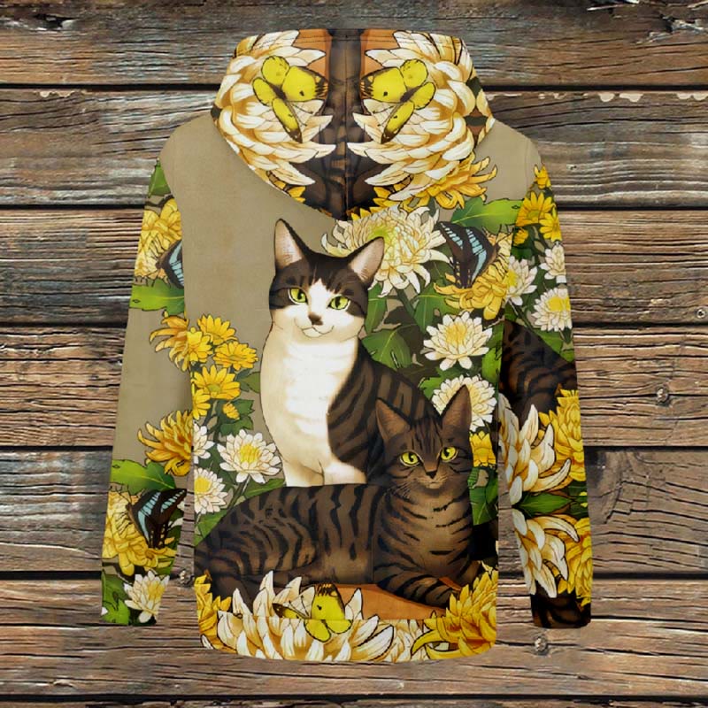 Women's Vintage Chrysanthemum Surround Couple Cats Print Fleece Jacket - Multicolor - 4XL - image 1