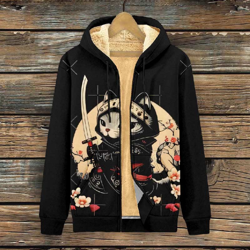 Women's Japanese Samurai Cat And Sakura Print Fleece Jacket - image 3