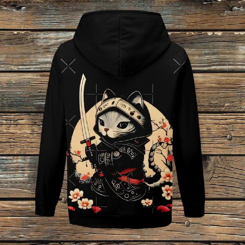 Women's Japanese Samurai Cat And Sakura Print Fleece Jacket - Black - 4XL - image 1