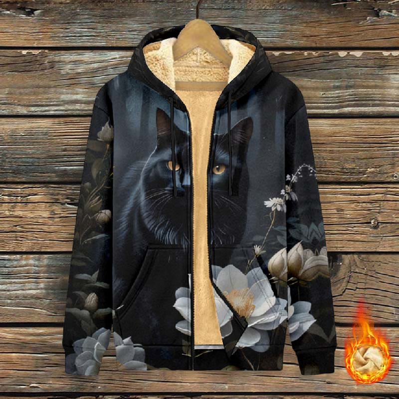 Women's Fantasy Camellia Blossom ＆ Black Cat Print Fleece Jacket - Black - 4XL - image 1
