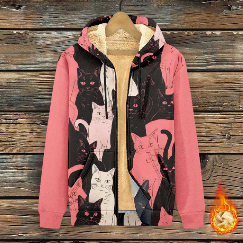 Women's Japanese Funny Black ＆ White Cats Print Fleece Jacket - Multicolor - 4XL - image 1