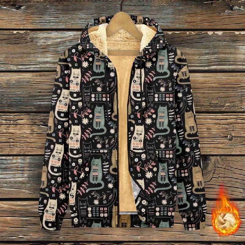Women's Lovely Floral Abstract Cartoon Cats Print Fleece Jacket - Multicolor - 4XL - image 1