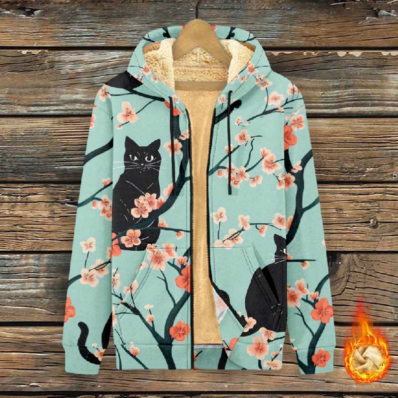 Women's Creative Kitten Sitting On Sakura Tree Print Fleece Jacket - Multicolor - 4XL - image 1
