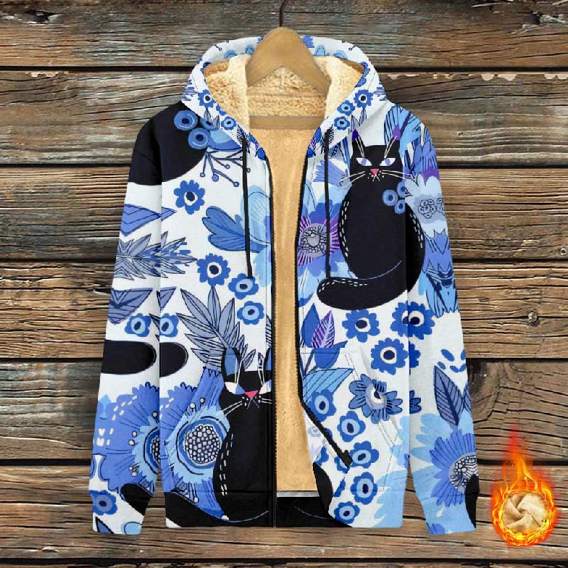 Women's Funny Black Cat % Blue Ink Floral Art Print Fleece Jacket - Blue - 4XL - image 1